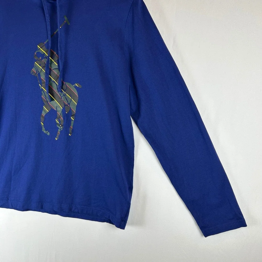 Polo Ralph Lauren Mens Blue Striped‎ Big Pony Graphic Hooded Long Sleeve Tee S